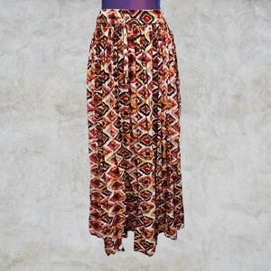 Belma New York Women Maxi Skirt One Size Orange Brown Ikat Geometric Rayon Boho